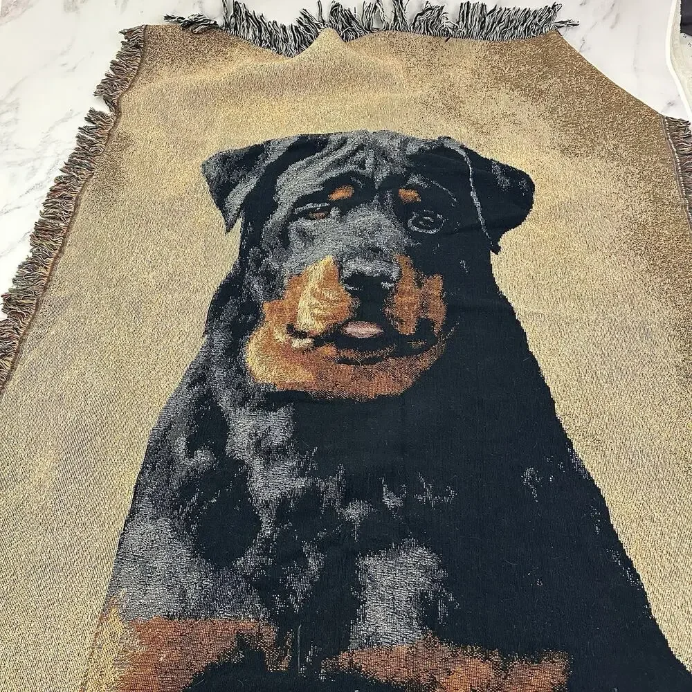 Linda Picken Vintage Y2k Dog Tapestry Throw Blanket Rottweiler Black Brown Woven